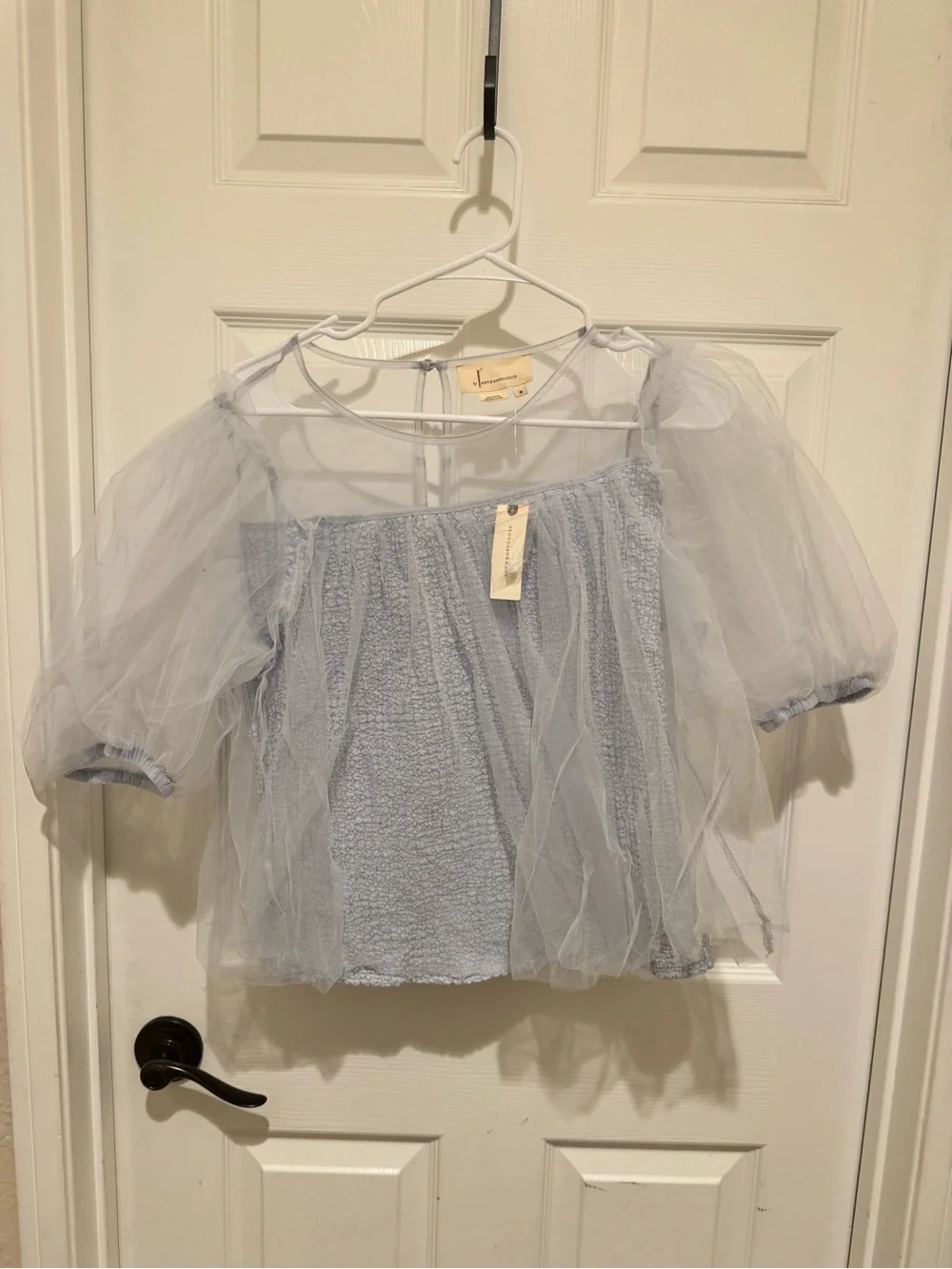 Anthropologie Grey Sheer Puff-Sleeve Mesh Blouse